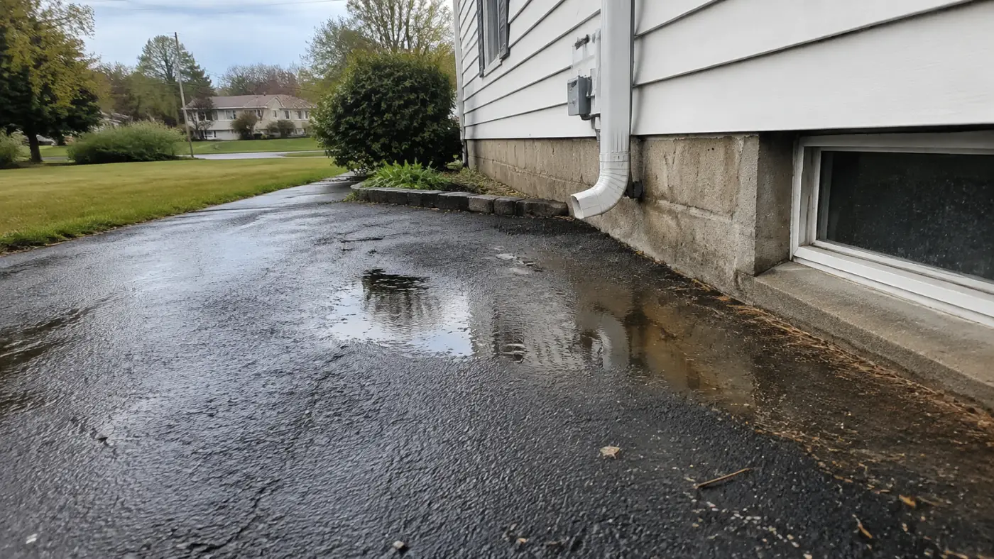 Rainwater pooling on an asphalt driveway beside a concrete foundation and basement window