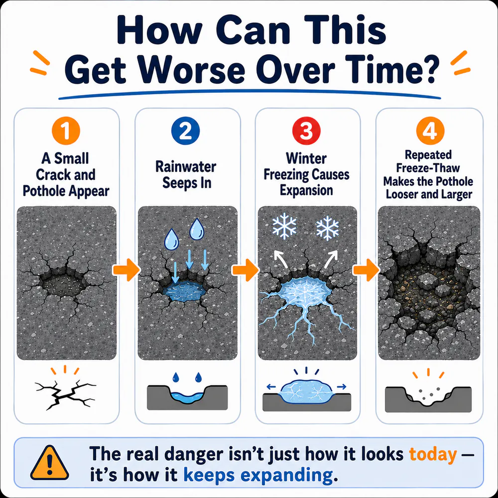 Four-stage diagram showing a small asphalt pothole growing after rainwater and repeated freeze-thaw